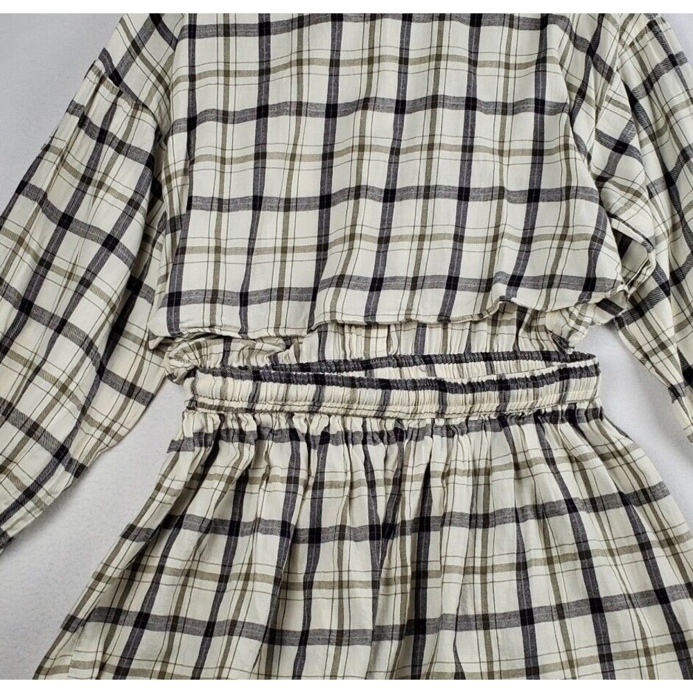 Asos Design Mini Skater Shirt Dress Women 12 CreamBlack Plaid Cotton Drawstring - Picture 4 of 16